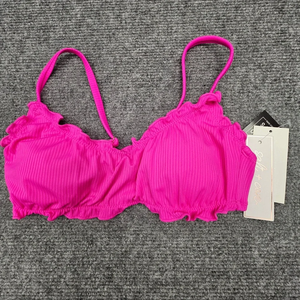 Salt + Cove Women Bikini Top Ribbed Ruffle Trim Swimwear‎ Pink XS SC24052PT